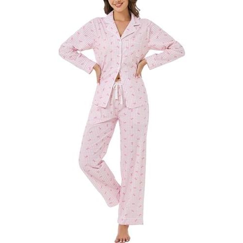 LUBOT 100% Cotton Pajamas for Women 2 Piece PJ Set Woven Poplin Ladies Button Down Long Short Sleeve Printed Sleepwear S-XXL