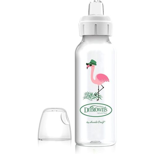 Dr. Brown's Milestones Narrow Sippy Bottle, 100% Silicone Soft Sippy Spout, 8oz/250mL, Flamingo, 6m+