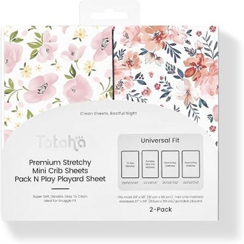 Graco Pack and Play Sheets Fitted, TotAha Buttery Soft Mini Crib Sheets Girl, Floral Pack N Play Mattress Sheets Hypoallergenic, Premium Jersey Playrad Sheets, Meredith Allover & Pale Pink, 2 Pack