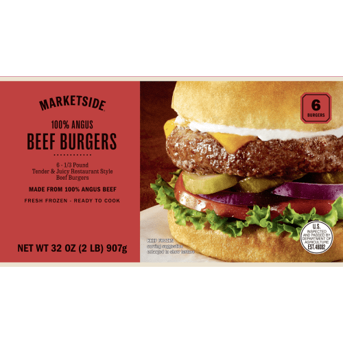 Marketside 100% Angus Beef Burgers, 6, 1/3 Pound, Frozen, Juicy, Tender, Grill or Fry