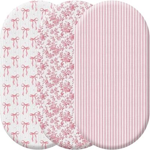 Peryiter Baby Muslin Bassinet Sheets 3 Pack, Featuring Pink Stripes, Flowers, and Bows, Standard Size 33x17, Breathable, Elastic, Cozy Fitted 100% Cotton Baby Cradle Mattress Sheet for Boys Girls