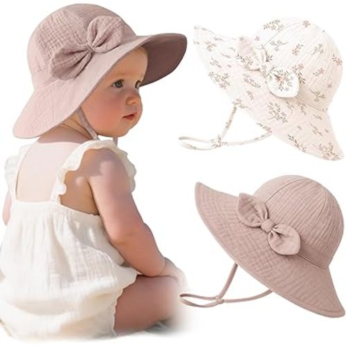Konssy Muslin Baby Sun Hat 2-Pack, UPF 50+ Sun Protection Wide Brim Summer Beach Hat, Bucket Hat for Girls and Boys