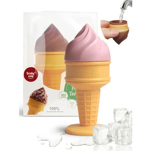Smily Mia Ice Cream Cone Baby Teething Toys, Water-Filled Freezable Teether for Babies&Infants, Teething Relief for 0-18 Months, Not-Too-Cold-to-Hold Freezer Teether for 3-6 6-12Months, Peach Pink