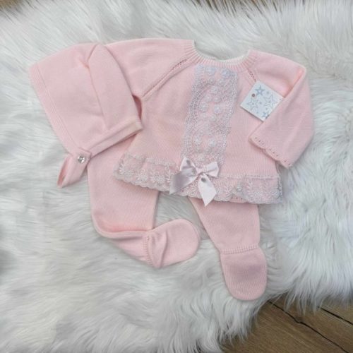 C9022 Pink knitted Trouser Set with Lace Detail - Trendy Tots Baby Boutique