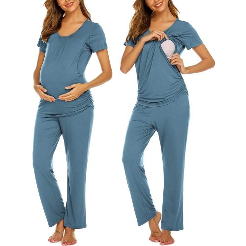 Ekouaer Women's Maternity Nursing Pajama Set Breastfeeding Sleepwear Set Double Layer Short Sleeve Top & Pants Pregnancy PJS
