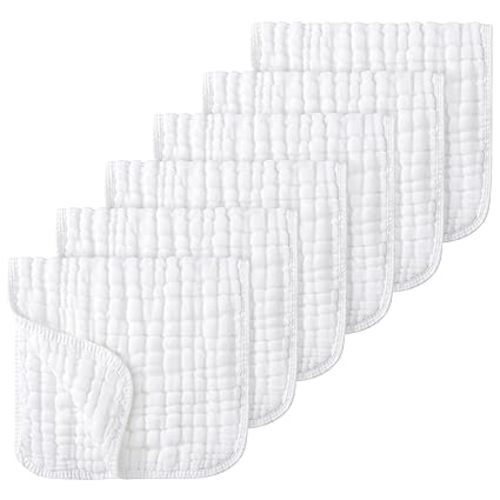 Looxii Muslin Burp Cloths Baby Girl 6 Pack - 20" x 10" - Ultra Soft & Absorbent, 6-Layer 100% Cotton for Spit Up & Drool- Gentle Baby Burping Cloth, Newborn Essentials Shower Gift Girl, White