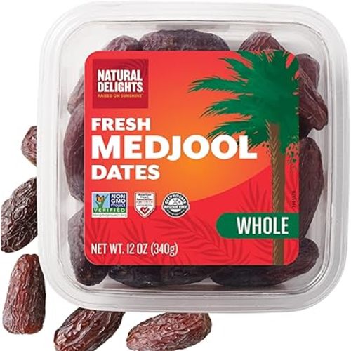 Natural Delights Medjool Dates – Large & Plump, Whole Non-GMO Verified, Good Source of Fiber, Naturally Sweet Fruit Snack, Perfect for On-the-Go - Medjool Dates Whole, 12 oz Container