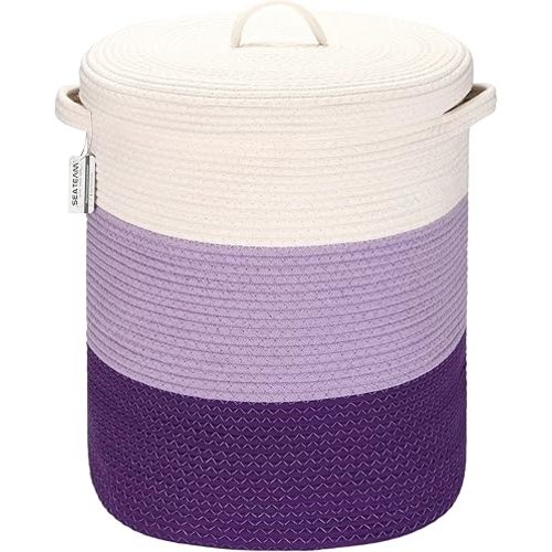 Sea Team Large Size Cotton Rope Woven Storage Basket with Lid, Lidded Laundry Hamper with Handles, Fabric Bucket with Cover, Clothes Toys Organizer for Kid's Room, 16 x 20 inches, White & Lavender
