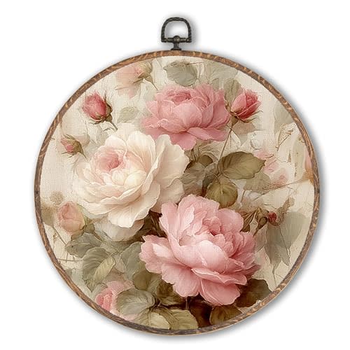 Vintage Pink Rose Round Wall Art Framed, Vintage Floral Wall Decor, Shabby Chic Pink Rose Hanging Canvas Prints Wall Sculptures for Cottagecore Home Living Room Bedroom Decor, 10x10 Inch