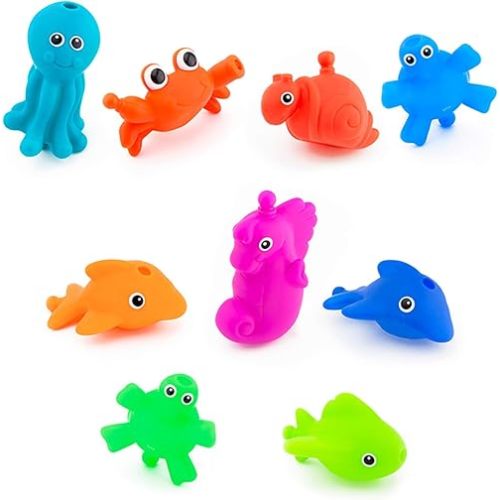 Sassy Snap and Squirt Sea Creatures - 6+ Months Set of 9 Sea Characters Includes Storage Bag with Two Large Suction Cups