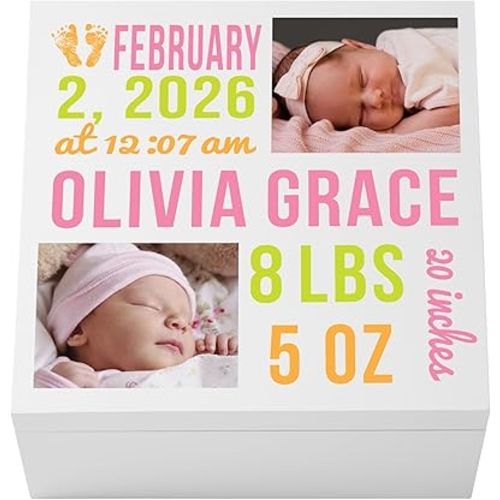Let's Make Memories Personalized Photo Keepsake Box for New Baby - Memento Storage - Memories Box - Nursery Decor - 12" Sq x 6" H - Bundle of Love - Pink