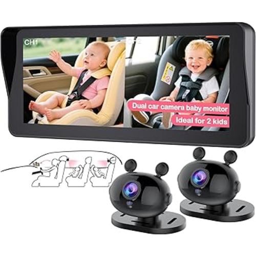 Dual Baby Car Camera for 2-Kids: 6.9 Inch HD 1080P Split Display with 2 Night Vision Carseat Cameras - 360° Rotation, Easy Install for New Parents