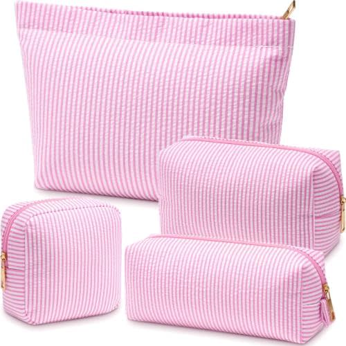 4 Pcs Seersucker Pouch Striped Makeup Bag Set, Light Pink