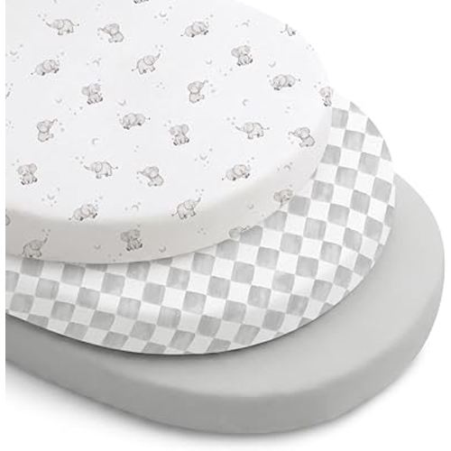 Konssy Silky Soft Bassinet Sheets 3 Pack, Ultra-Stretchy Bassinet Mattress Sheets for Baby Girl Boy, Breathable Fitted Sheet for Standard Oval Hourglass Mattress (Grey Elephant)