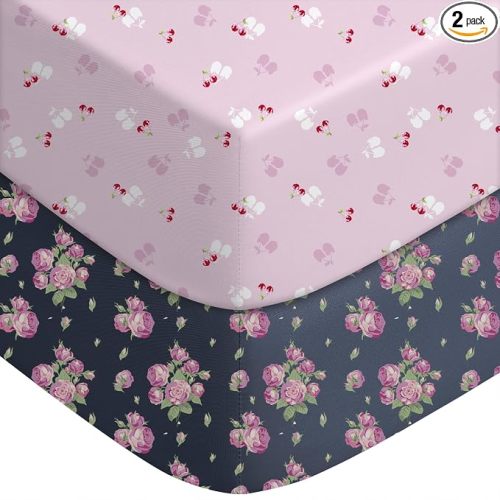 Yoofoss Pack and Play Sheets Fitted, Mini Crib Sheets 2-Pack for Pack N Play Mattress, Stretchy Playard Sheet, Soft and Breathable (Pink+Cherry)