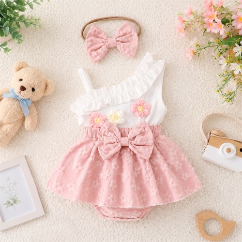 2PCS Summer Floral Printed Bow Sleeveless Baby Romper