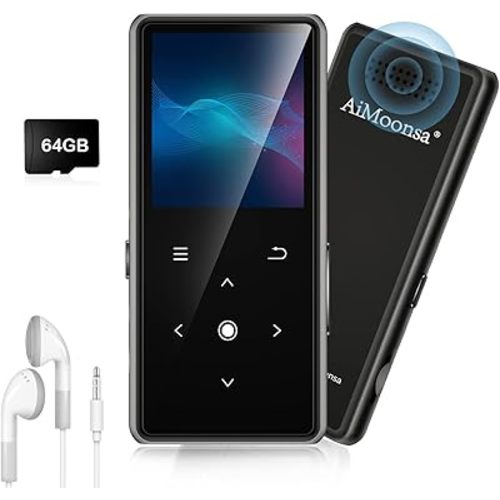 64GB MP3 Player with Bluetooth 5.2, AiMoonsa Music Player with Built-in HD Speaker, FM Radio, Voice Recorder, HiFi Sound, E-Book, Earphones Included