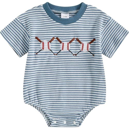 Infant Baby Boy Girl Baseball Outfit Embroidery Stripe Short Sleeve Bubble Romper Waffle Knit Bodysuit Summer Clothes