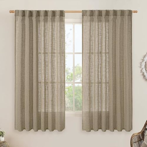LAMIT Sheer Linen Curtains 63 Inch for Bedroom, Light Filtering Country Decor Semi Sheer Farmhouse Boho Curtains Back Tab and Rod Pocket Living Room Panels, Taupe, 2 Panels, 52 x 63 Inch