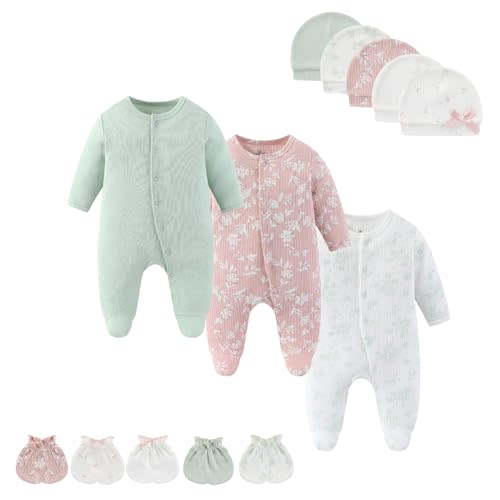 MAMIMAKA Baby Boy Girls Clothes 2-Way Zip Footed Long Sleeve 100% Cotton,Newborn Caps and Scratch Mittens Set 0-6 Months