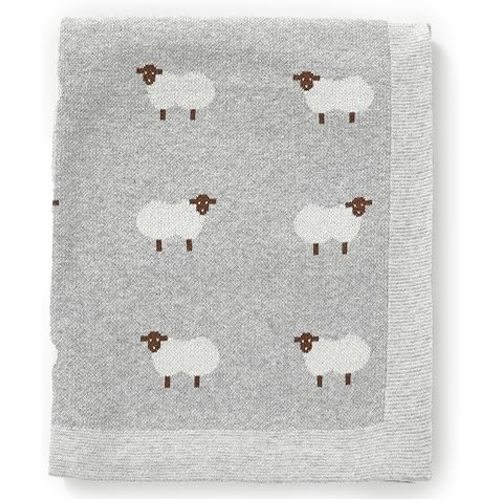 Hadetoto 100% Cotton Baby Blanket Knit Soft Cozy Swaddle Receiving Blankets Toddler Infant Blanket with Lovely Sheeps for Newborn Boy Girls - Grey, 90 x 70cm