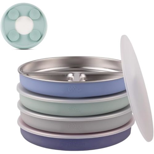 Elk and Friends Stainless Steel Divided Plates with Silicone Sleeve for Babies & Toddlers | Lids Included | Stay Put Suction | Dinner & Snack Plates | 4 Pack