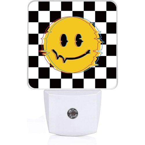 Smile Face Night Light, Plug-into Black and White Checkered Nightlight White LED Lamp, Energy Efficient Decor Desk Lamp for Bedroom Hallway Stairs Bathroom