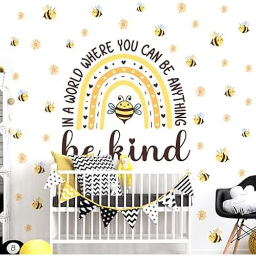 45.66 x 37 Inch Watercolor Bee Rainbow Wall Decals Large Boho Yellow Bee Rainbow Wall Stickers for Bedroom Decor Nursery Decor Playroom Decor