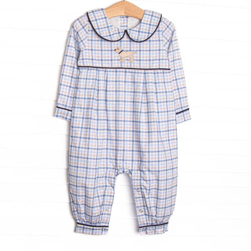 Poised Plaid Pup Embroidered Romper, Blue – Stitchy Fish