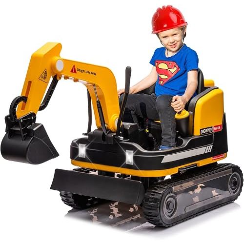 JOYLDIAS 360 Degree Rotating Ride On Excavator and Bulldozer,12V12AH Battery Powered Ride On Toy Backhoe W/Track Design Wheels for All Terrain,Remote Control,MP3,Toolbox for Kids,Parent,Yellow