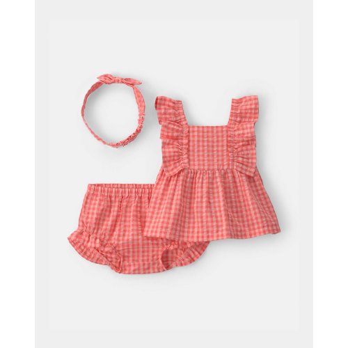 Baby Girl 3-Piece Gingham Top & Short Set - Coral | Carter's