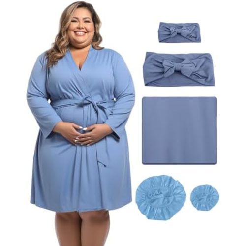 SUFEINI Maternity Robe and Matching Swaddle Blanket Set, Plus Size Women Postpartum Robes Sleepwear New Mommy Gift