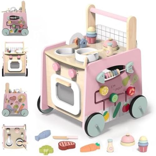 Gigglegems Wooden Baby Walker 4-in-1 with Push Walker Toys, Play Kitchen Accessories, Toddlers Montessori Sensory Toys, Walking Toys for Baby Girls Boys Learning to Walk