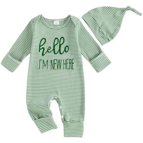 Fernvia Newborn Baby Boy Clothes Letters Print Round Neck Long Sleeve Jumpsuit with Hat Infant Romper