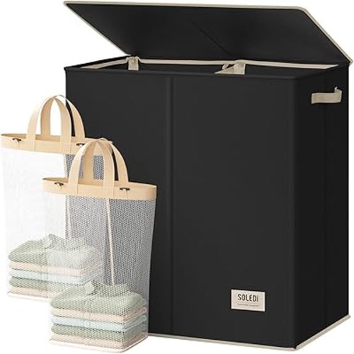 SOLEDI Large Double Laundry Hamper with Lid,165L Collapsible Clothes Hamper 2 section with Removable Bags, Space-Saving Laundry Basket for Bedroom, Dorm, College