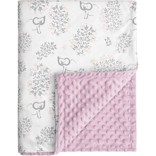 Baby Blankets for Girls Soft Plush Nursery Minky Blanket Neutral with Print Pink Forest Elephant and Cozy Raised Dotted Fleece Backing, 30 x 40 Inch Double Layer Bed Throws