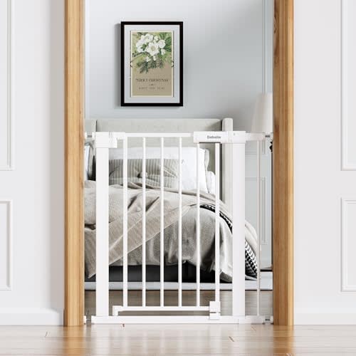 Babelio Baby Gate for Doorways and Stairs, 26-31" Pet Gate with Wide Walk Thru Door and Lock Indicator, No Drill Pressure Mounted Safety Gate with Double Lock and Self-Closing, White