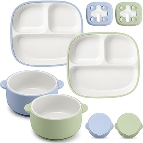 Domensi 4 Pcs Square Porcelain Kid Plate and Bowl Set with Suction, 2 Ceramic Toddler Divided Plate 2 Baby Anti Slip Silicone Sleeve Bowl for Feeding Supplies Microwave Dishwasher Safe(Blue, Green)