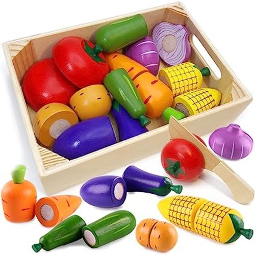 Wooden Play Food for Kids Kitchen Toys for Toddlers Cutting Pretend Toy Food Wooden Fruits Vegetables Gift for Boys Girls Educational Toys
