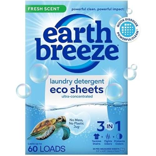 Earth Breeze Laundry Detergent Sheets Fresh Scent - 60 Loads Eco Liquidless Soap - Travel-Friendly for Hot & Cold Cycles, Tackles Tough Stains & Odors - Gentle on Skin, 30 Ct