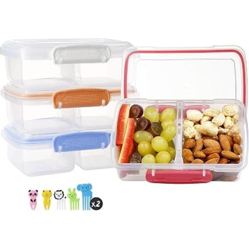 Greentainer 4 Pack Snack Containers with Lids for Kids, 2 Compartment Reusable Bento Lunch Box with Cute Forks, Divided BPA-Free Plastic Food Storage & Meal Prep for School, Travel, Fruits & Snacks