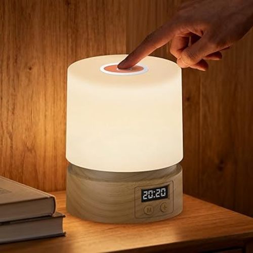 Nursery Night Light with Clock for Kids, Touch Lamp Bedside Desk Lamp, Portable Breastfeeding Night Lamp for Baby, 3 Color Stepless Dimming Up for Restaurant,Bedroom,Rechargeable (Wood Grain)