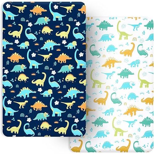 PHF Soft Mini Crib Sheet Set, 2 Pack Silky Comfy Pack N Play Sheets for Boys Girls, Universal Fit for Pack N Play, Playard and Mini Crib Mattresses, Dinosaur