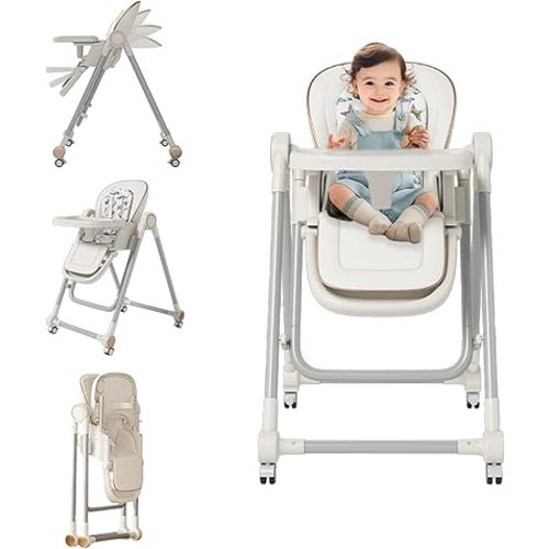 Baby High Chair,Toddler Booster Seat for Dining Table,Adjustable Height & Recline,Portable High Chair with Detachable Pu Cushion&Locking Wheels,Highchair for Ages 1+ Years