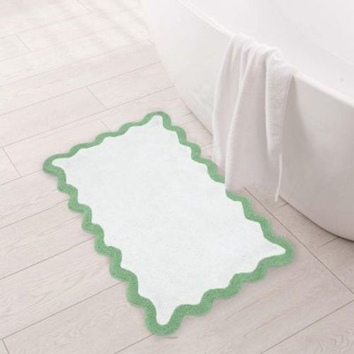 Folkulture Bathroom Rug | (32 X 20) Scallop Bath Mats for Bathroom Décor | 100% Cotton Sage Green Bath Rug for Shower Accessories
