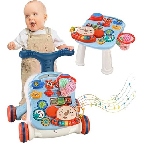 Baby Push Walker 3 in 1 Sit-to-Stand Learning Walker with Wheels Kids’Multiple Educational Activity Center Music Learning Toy Gift for Infant Boys Girls (Blue)