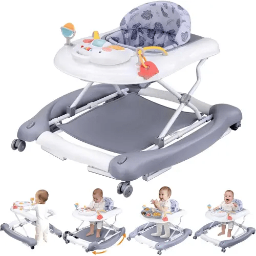 Foldable Baby 5-in-1 Activity Walker - Rocker, Activity Center, Bouncer, Seat, Push Walker - Adjustable Speed Rear Wheels and Height Toys Ages 6-18 Months (Grey)