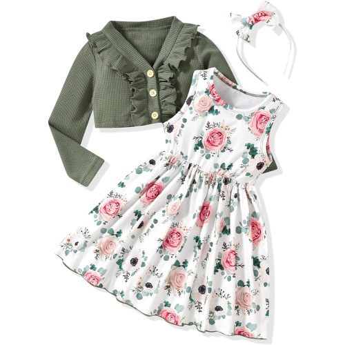 Toddler Little Girls Dress And Cardigan Sets 2 Piece Floral Print Sleeveless Dress and Long Sleeve Cardigan Set
