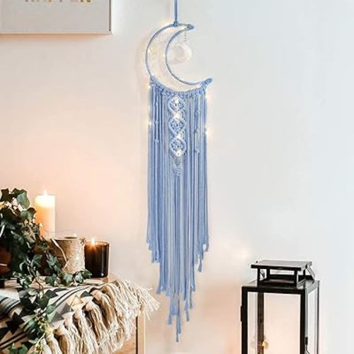 Boho Macrame Woven Wall Hanging, Crochet Crescent Moon Star Dream Catcher with Light- Blue Cotton Handmade Bohemian Home Decor Decoration Art for Kids Bedroom Nursery Dorm Room