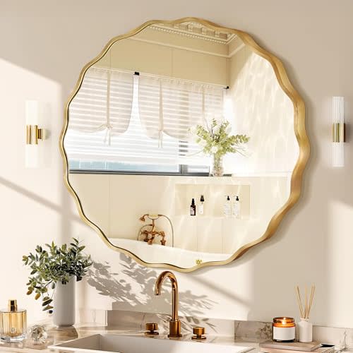 Fahomiss Gold Round Mirror for Wall, 32"x32" Decorative Wavy Bathroom Mirror with Brushed Alloy Steel Frame & Shatter-Proof Glass, Hanging Circle Wall Mirrors for Bathroom, Entryway, Bedroom